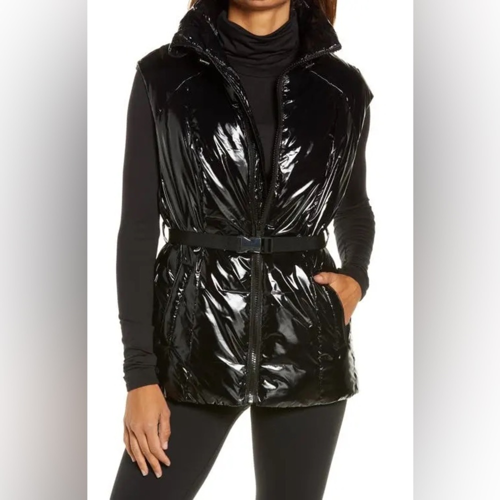 ALO Yoga Shiny Black Quilted Belted Puffer Vest